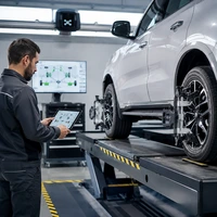 Técnico realizando alinhamento 3D em um veículo na oficina